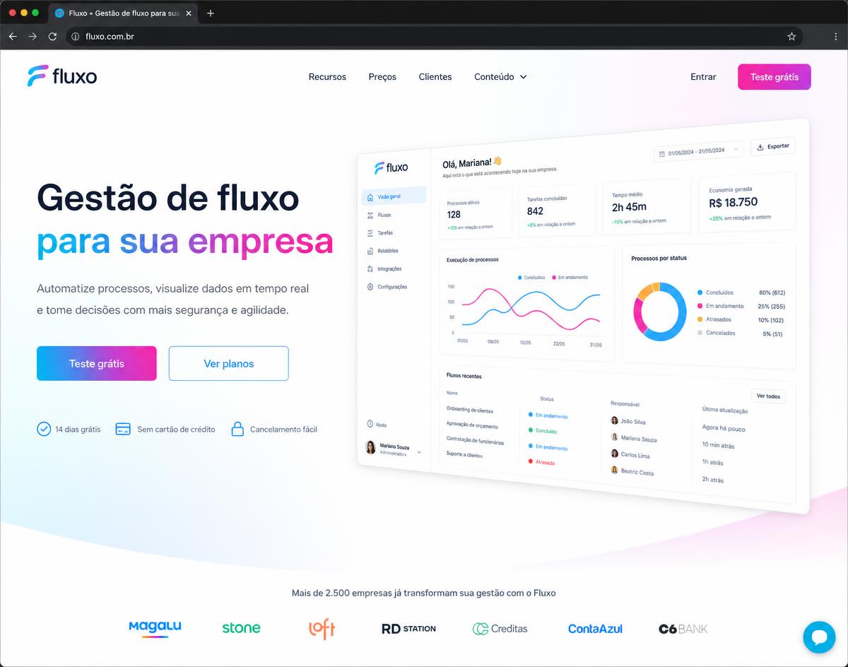 Tela do site do projeto Fluxo