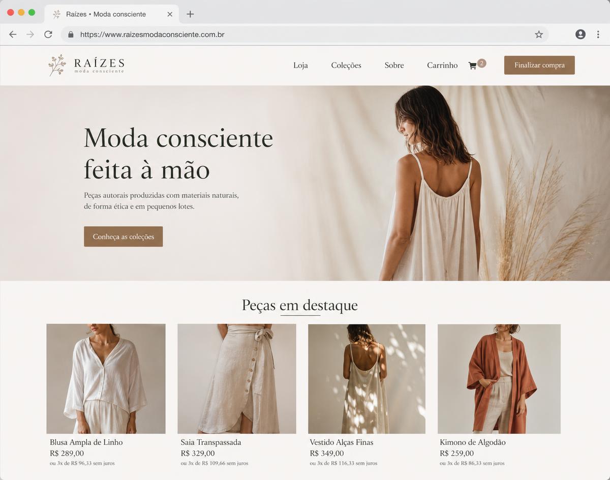 Tela do site do projeto Raízes Moda Consciente