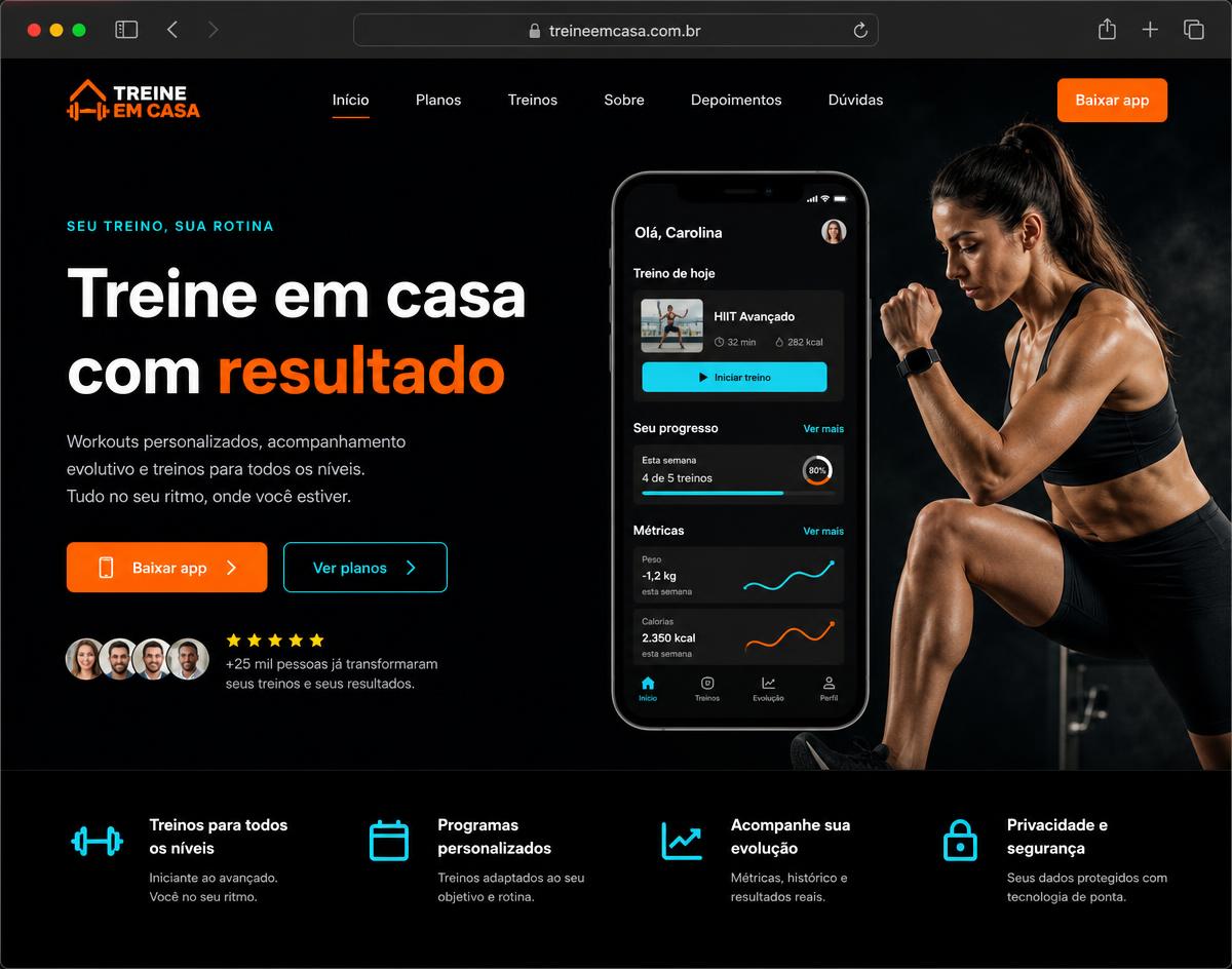 Tela do site do projeto Treine em Casa